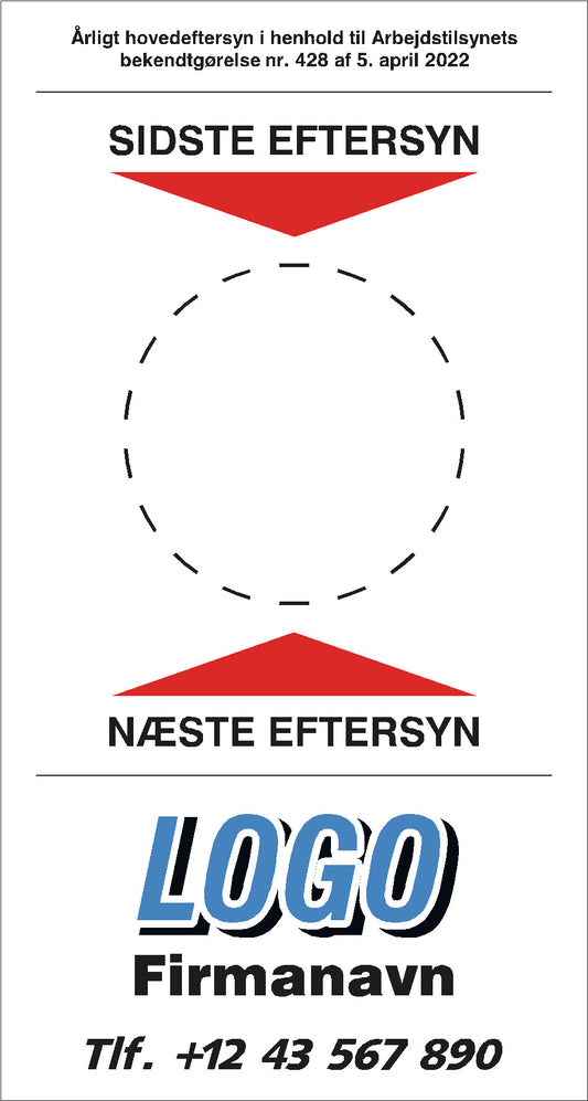 Eftersynslabel (Lovpligtigt eftersyn) med navn, logo og tlf